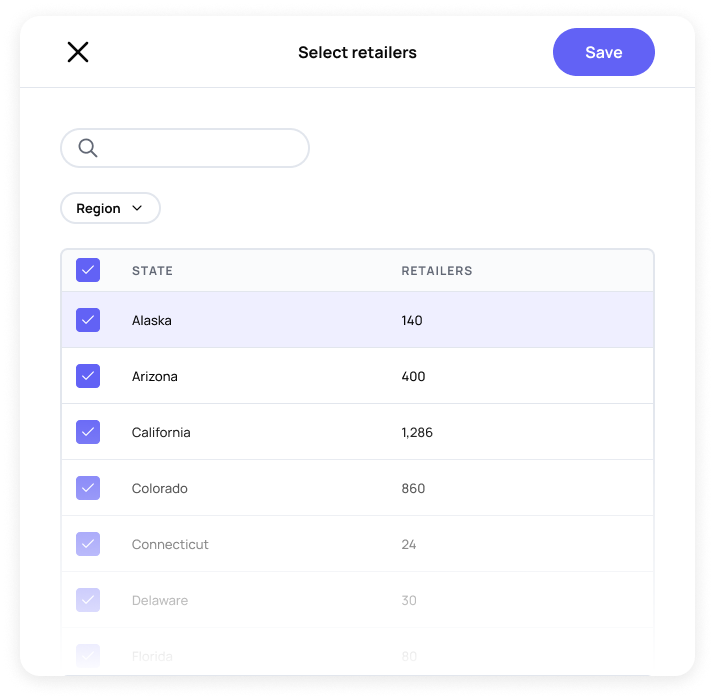 Retailer state selection drawer